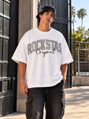 Rockstar Original White Gray Oversized Varsity Jersey Tee Men's M